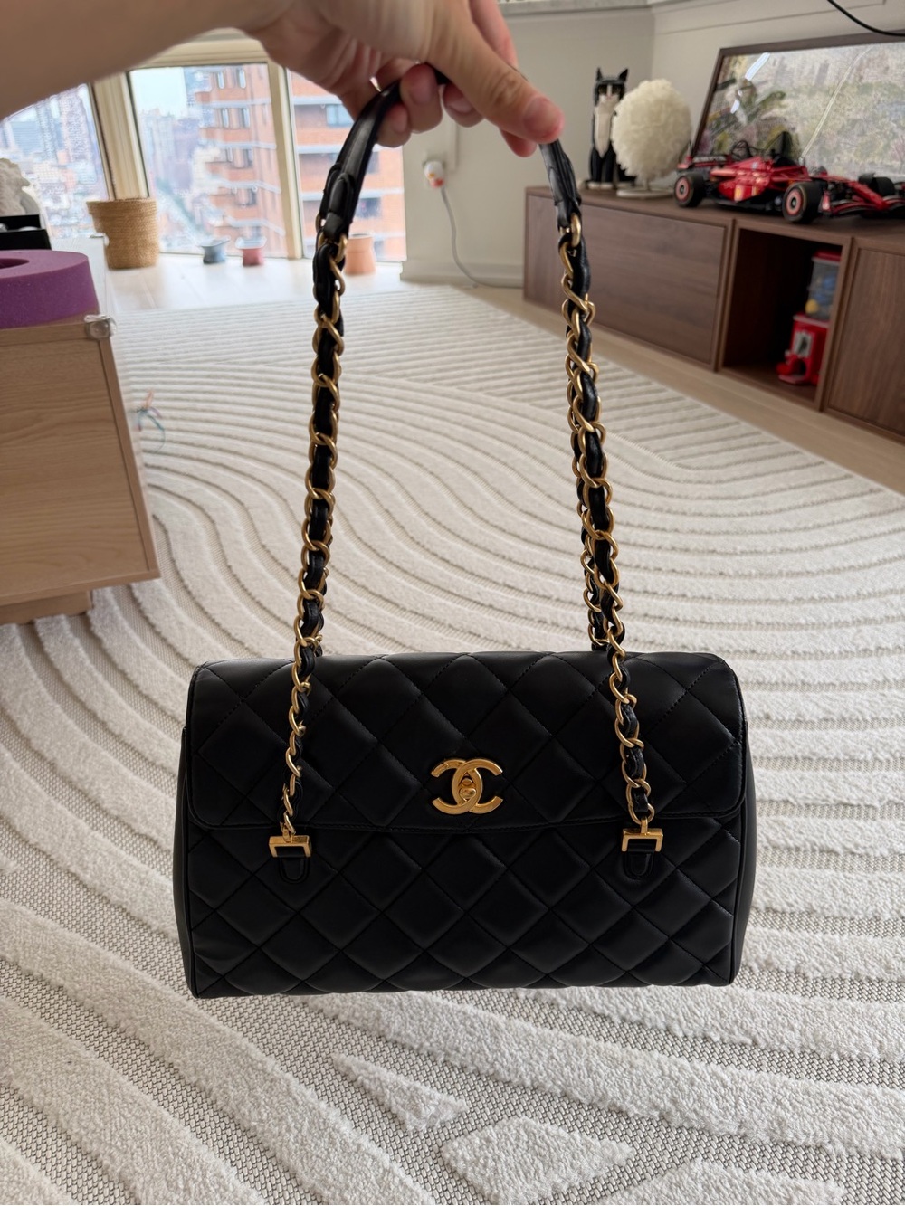 CHANEL Black Quilted Lambskin Shoulder Bag with Gold Hardware